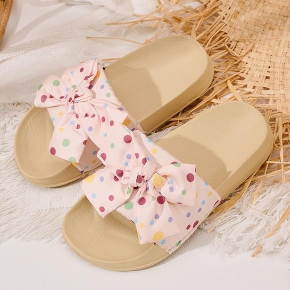 Flat Slide Sandals Slip-On Waterproof Flip-Flops Casual Shoes, Pink Bow Polkadot - Picture 2 of 8